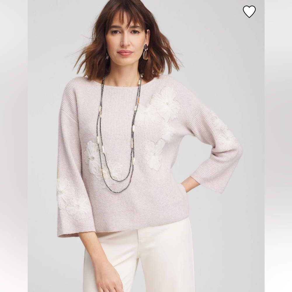 NWT Chico’s oatmeal beige floral tulle beaded appliqué ribbed sweater size large